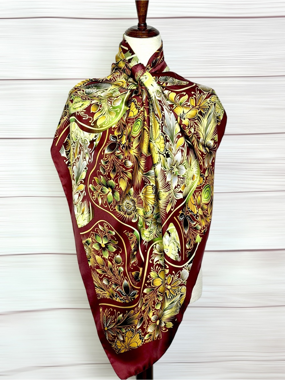 Pineda Covalin Silk Scarf Floral Butterfly Botanical Print Burgundy Gold Olive